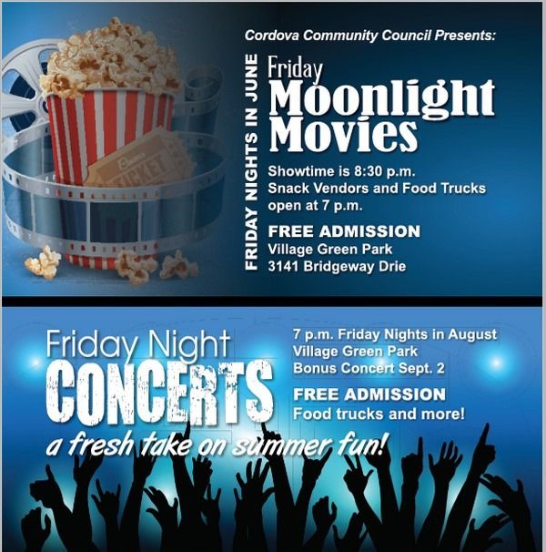 Flyer for the 2016 Moonlight Movies and Friday Night Concerts.