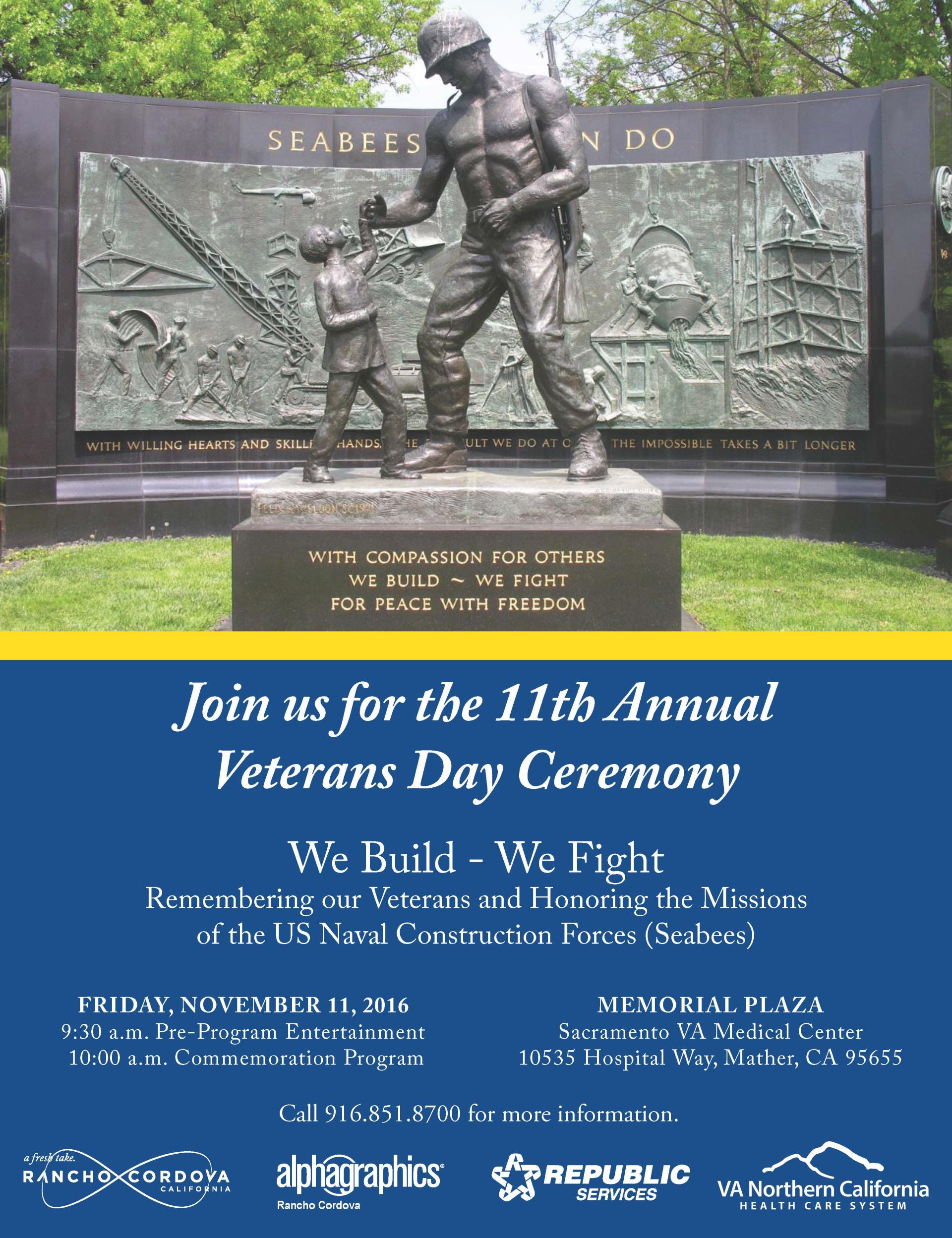 Flyer for the 2016 Veterans Day ceremony with a photo of the Seabees memorial and text.